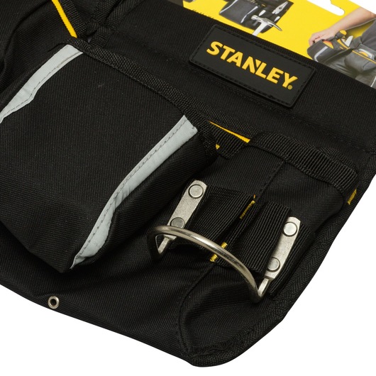 Stanley STST511304 black tool pouch with metal loops and gray trim, front angle.