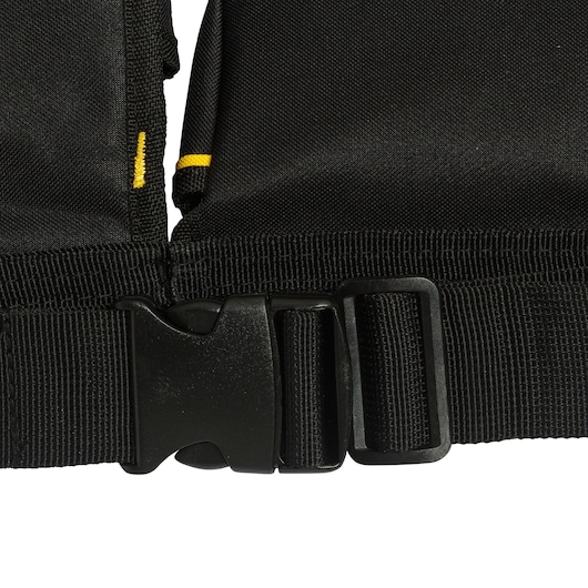 STANLEY STST511304 black fabric strap with plastic side-release buckle, close-up, on white background.