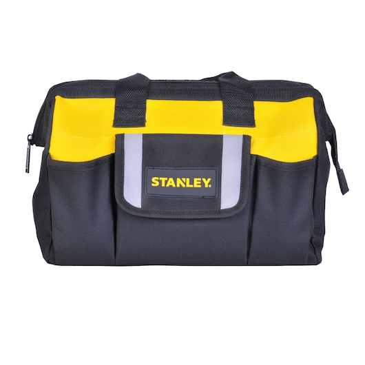 Photo of STANLEY STST512114 black and yellow tool bag with front pocket, shown from the front on white background.