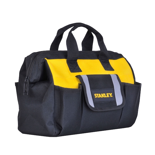 STANLEY STST512114 tool bag, black and yellow fabric, front angle, zippered top, front pocket with logo.