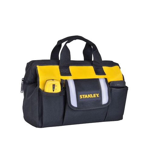 STANLEY STST512114 tool bag, black and yellow fabric, front angle, with exterior pockets and dual handles.