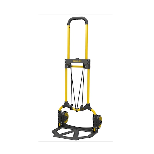 STANLEY STST98022L yellow and black folding hand truck, front angle, with rubber handle and wheels.