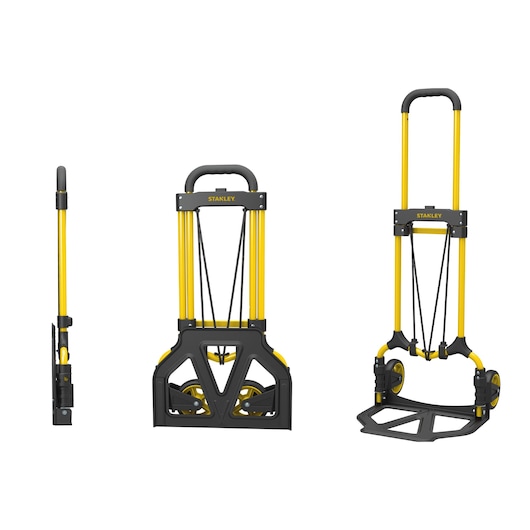 STANLEY STST98022L folding hand truck, shown from side, front, and angled views with yellow and black frame.