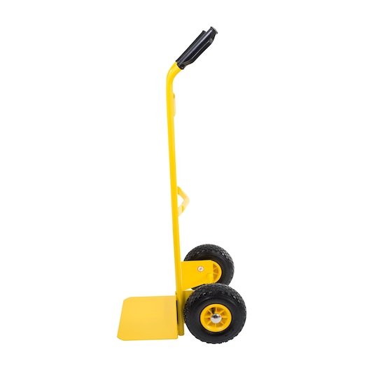 STANLEY STST98367 yellow hand truck, side view, with black handle and two large wheels, on white background.