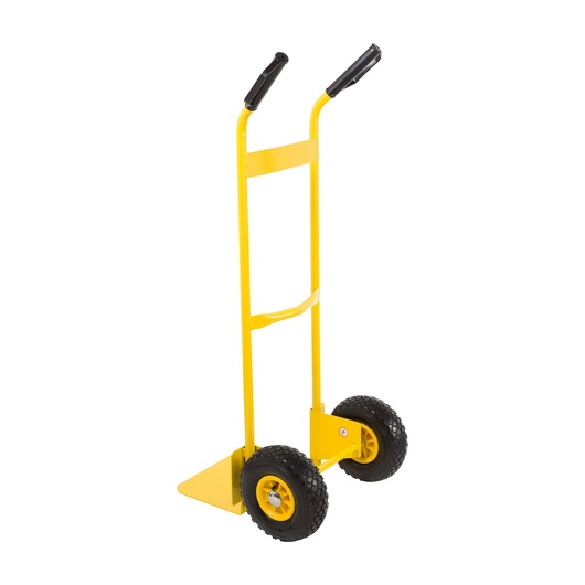 STANLEY STST98367 yellow hand truck with black handle grips and two large black wheels, front angle on white background.