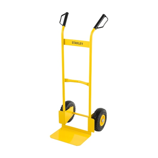 STANLEY STST98367 yellow steel hand truck with black handles and two wheels, front angle on white background.