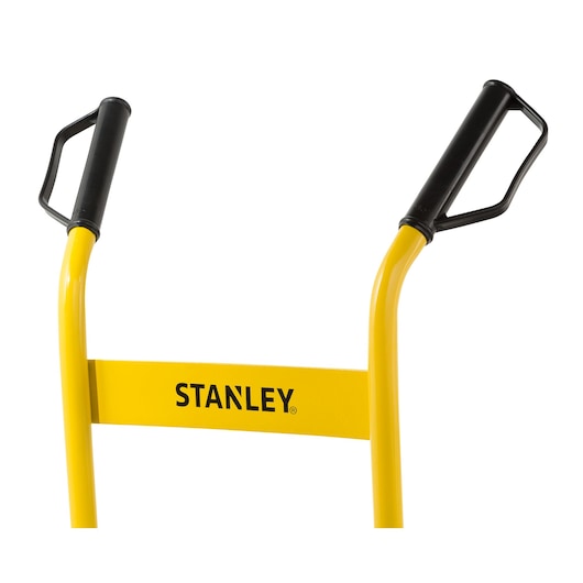 Photo of STANLEY STST98367 yellow hand truck handles and crossbar, front angle, black grips.