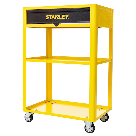 STANLEY STST98520LA yellow utility cart with one black drawer, two shelves, and four caster wheels, angled view.