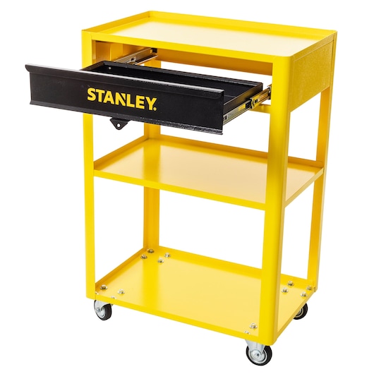 STANLEY STST98520LA yellow metal utility cart with one black drawer, three shelves, and caster wheels, front angle.