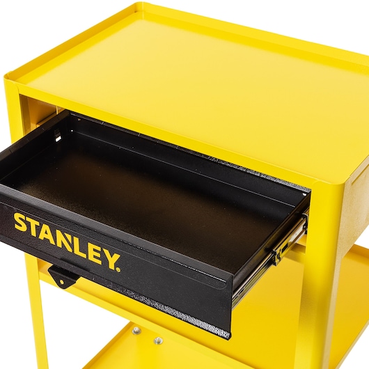 Stanley STST98520LA yellow tool cart with open black drawer, angled view on white background.