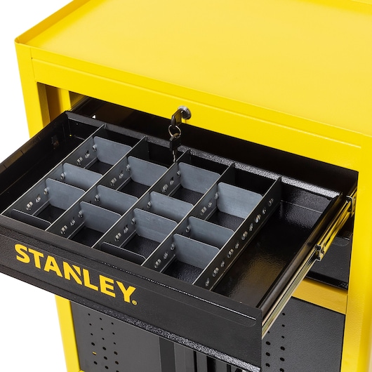 STANLEY STST98622LA tool chest with open drawer, metal dividers, yellow and black, angled view.