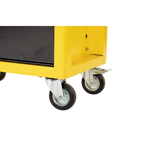 STANLEY STST98623LA tool chest close-up showing yellow frame and two swivel casters with locks, front angle.