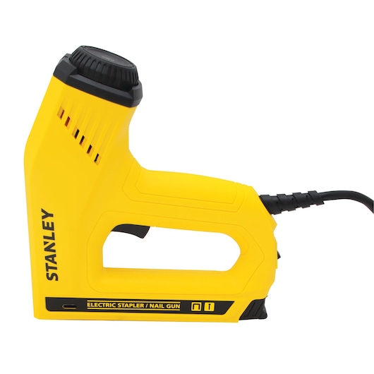 STANLEY TRE550Z electric stapler nail gun, yellow, right side angle, with power cord.