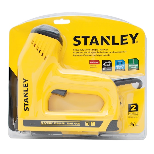 STANLEY TRE550Z heavy duty electric stapler and nail gun in yellow, packaged in clear plastic, front view.