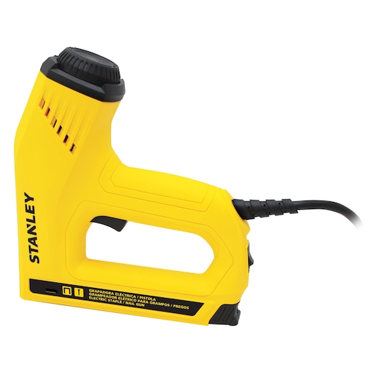 STANLEY TRE550-B2 electric nail gun side angle, yellow body with black accents, corded tool.