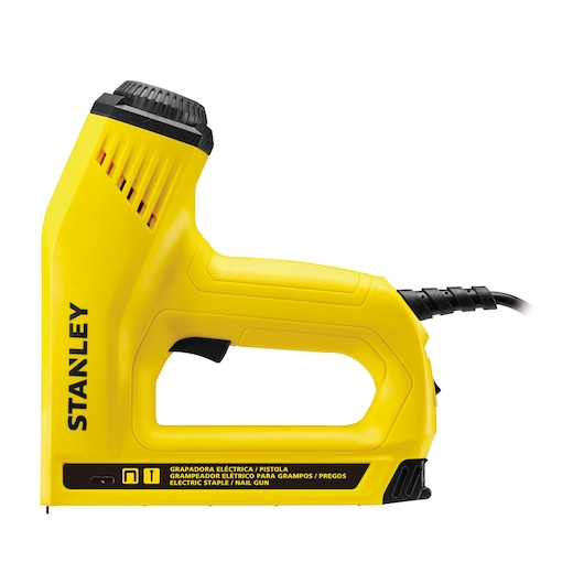 STANLEY TRE550-B2 electric staple nail gun, yellow, side angle photo on white background.