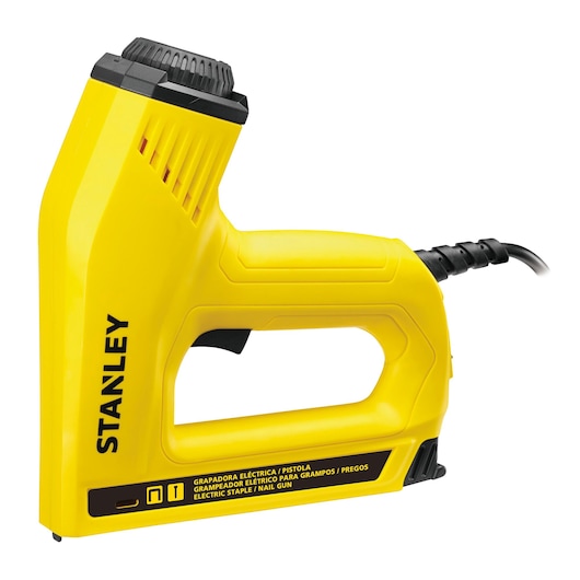 Photo of STANLEY TRE550-B2 electric staple nail gun, yellow with black accents, side angle, corded design.